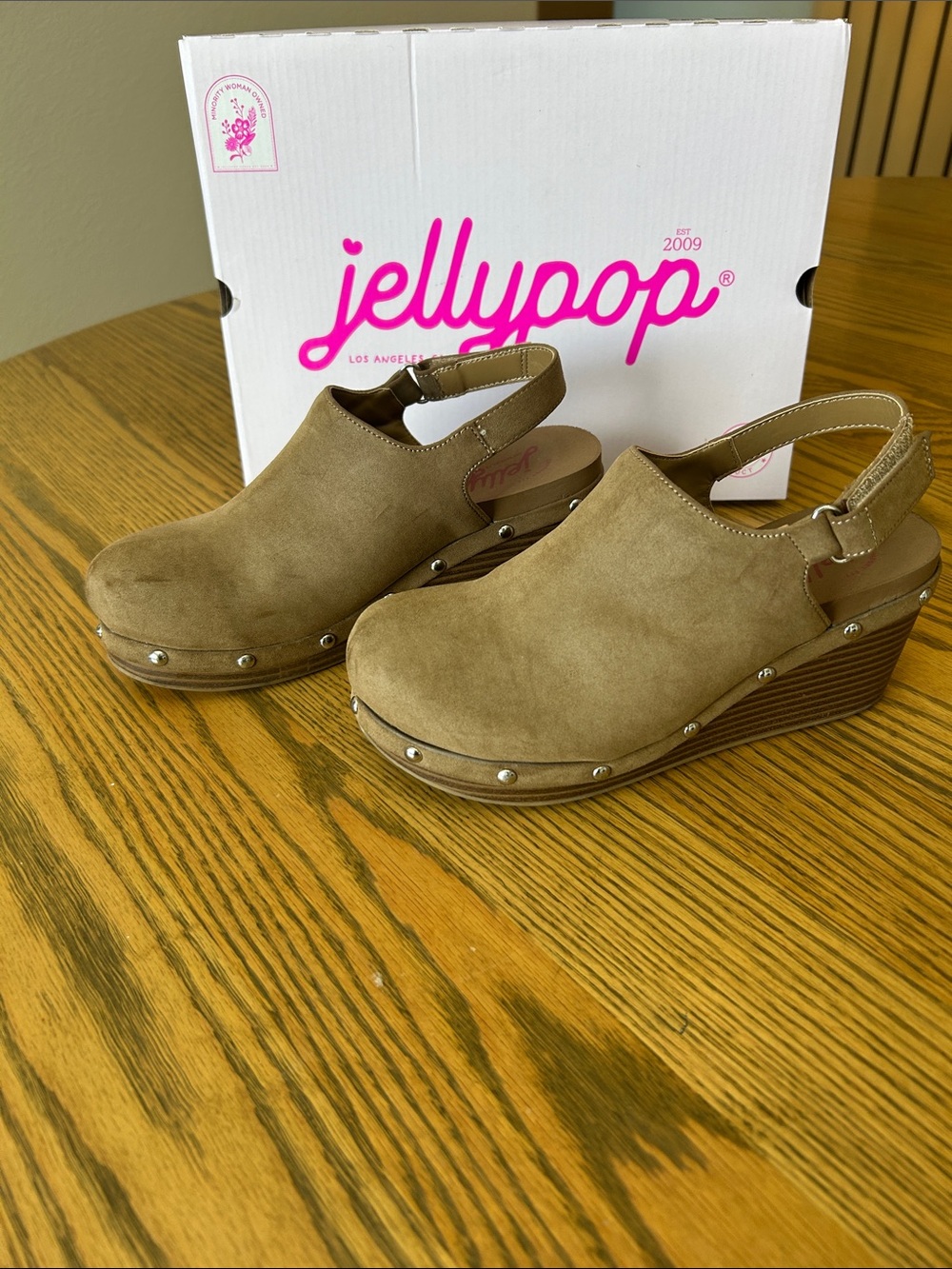 Jellypop Ravi Clog Taupe Suede Slingback Wedge Clogs with Stud Trim, size 6